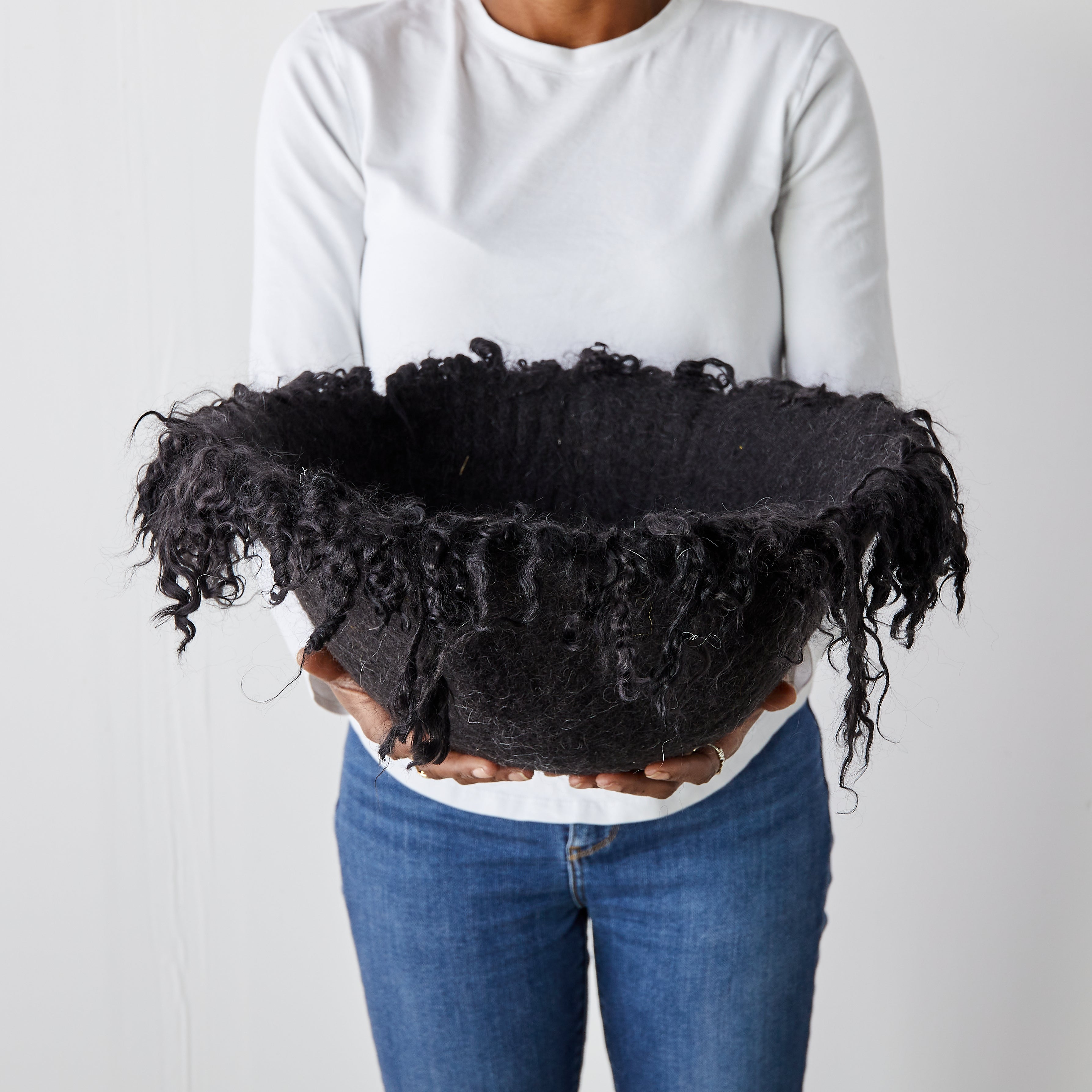 Fringed Skirt Black Decorative Karakul Wool and Mohair Bowl-2