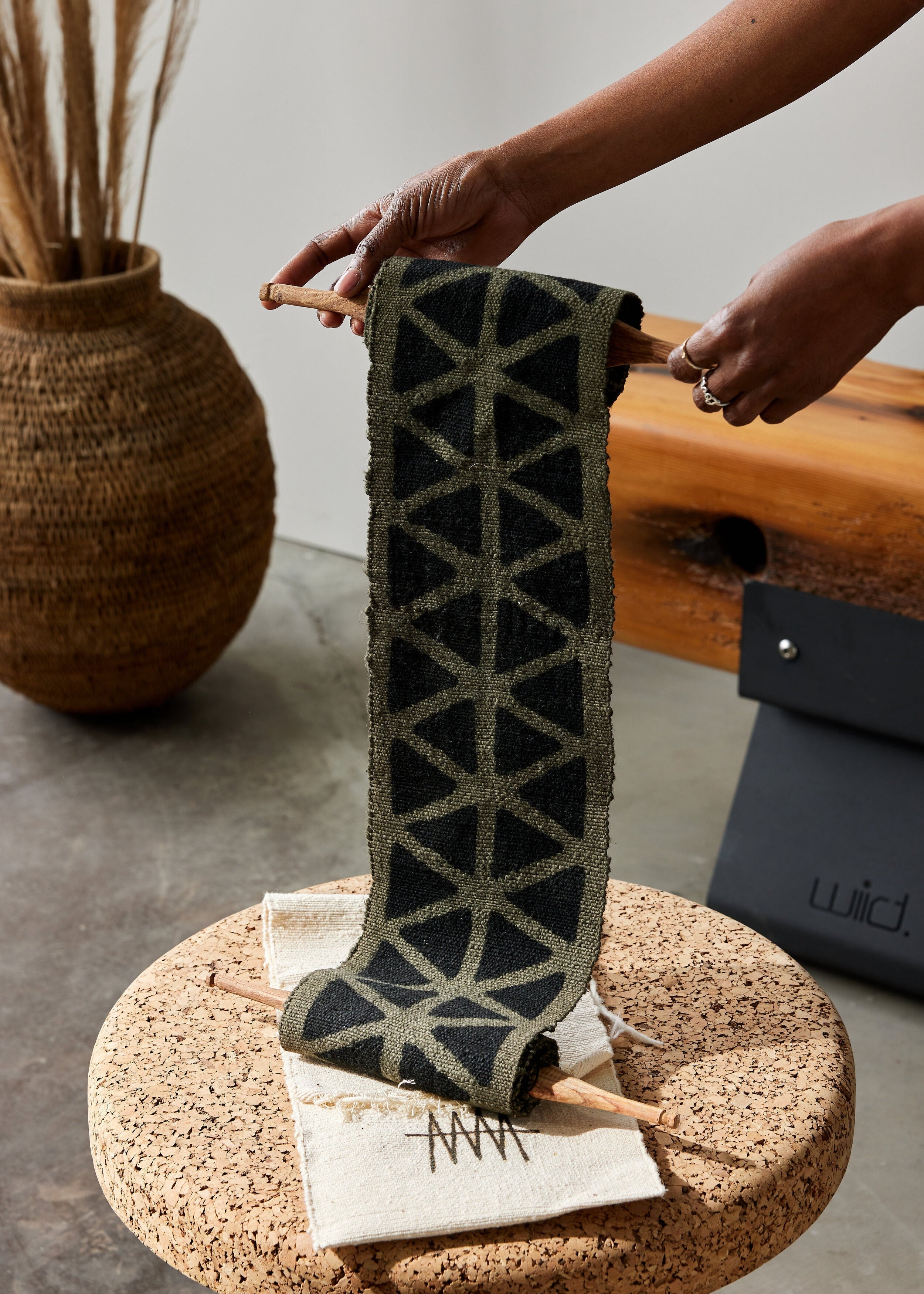 Longevity Bogolan Wall Totem in Grey with Black Triangles-2