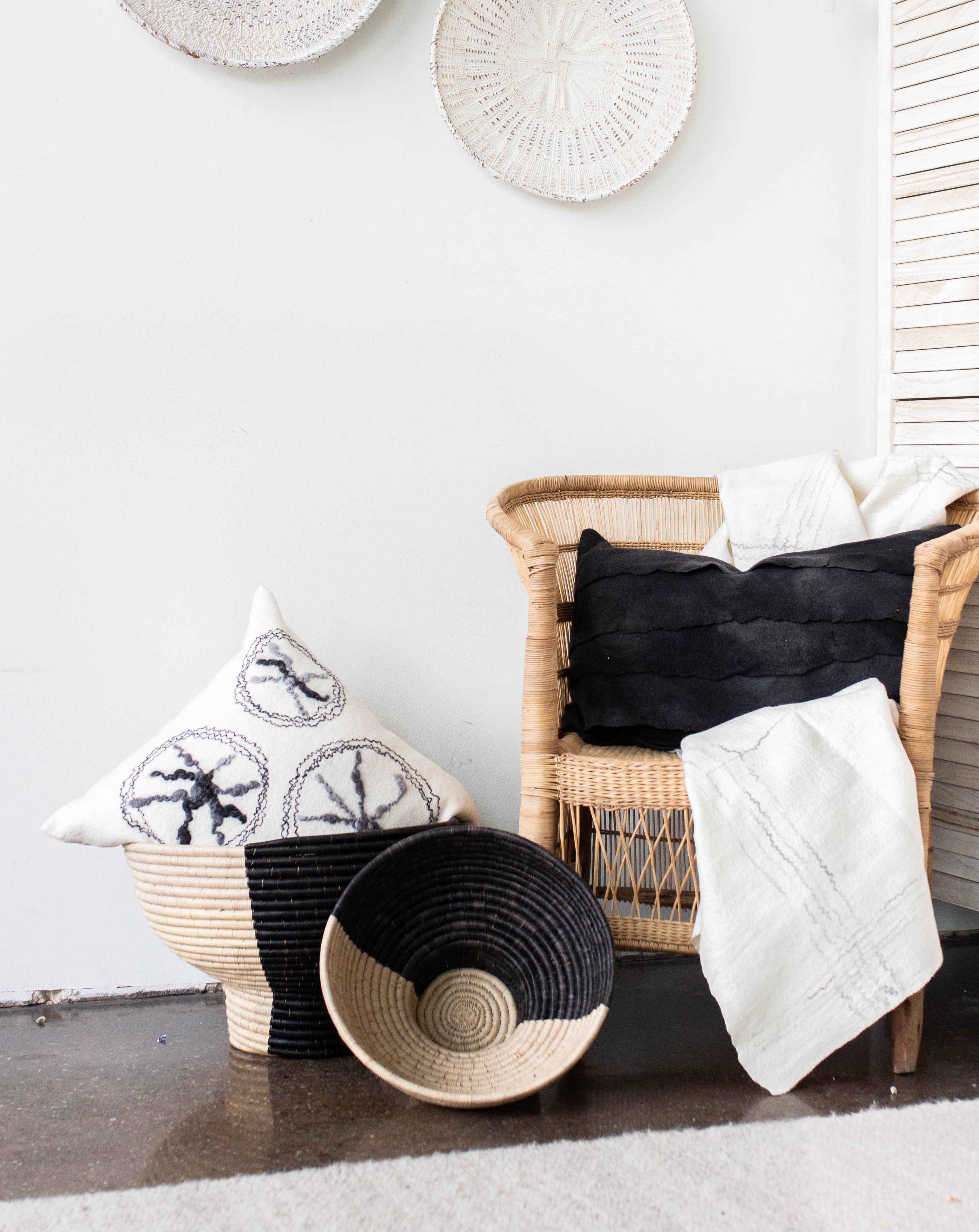 Pedestal Black and Natural Basket Bowl-2