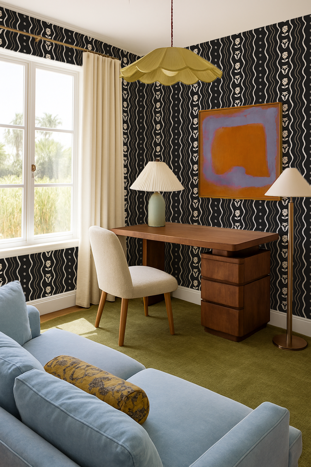 Posy Lane Stripe Wallpaper, black and neutral-3