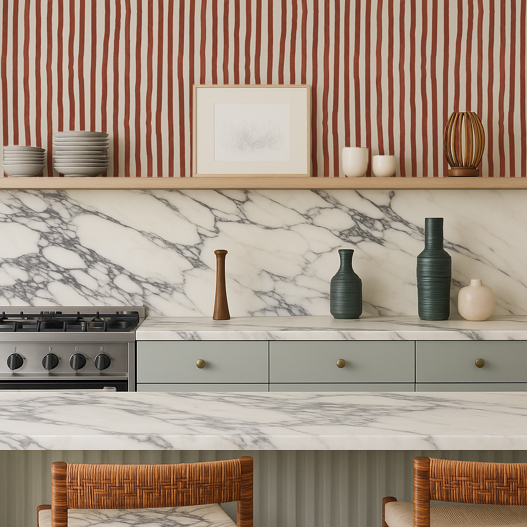 Dolce Stripe Wallpaper, off-white and brick red-4