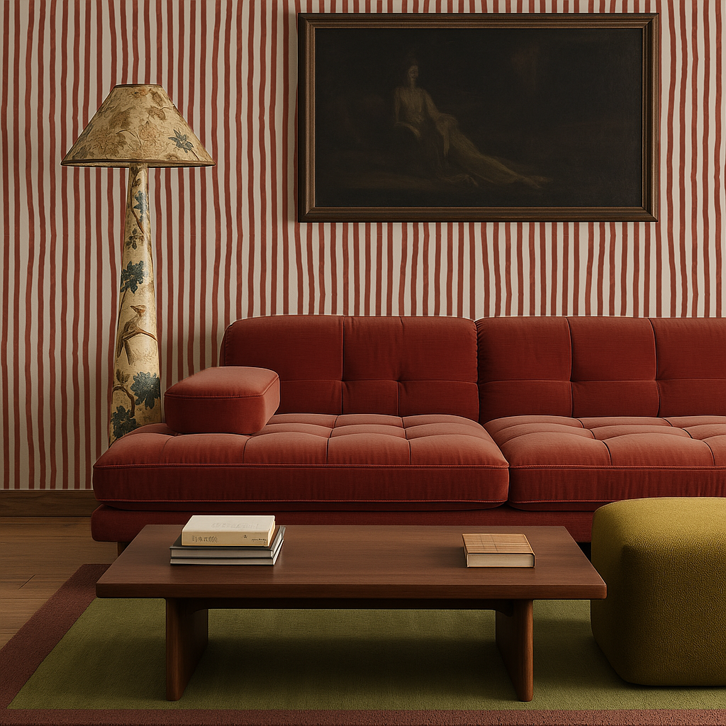 Dolce Stripe Wallpaper, off-white and brick red-3