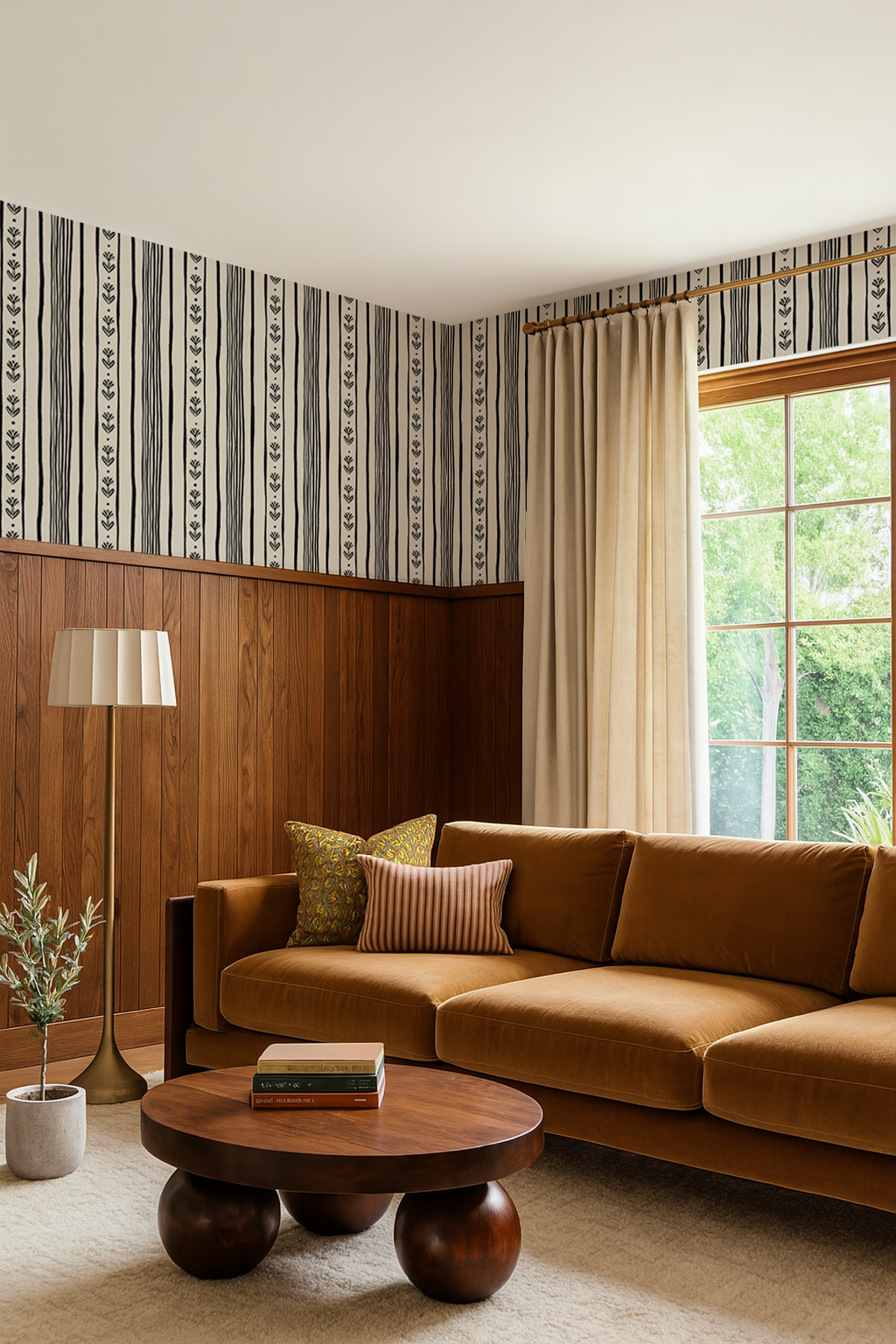 Daisy Chain Stripe Wallpaper, beige and black-4