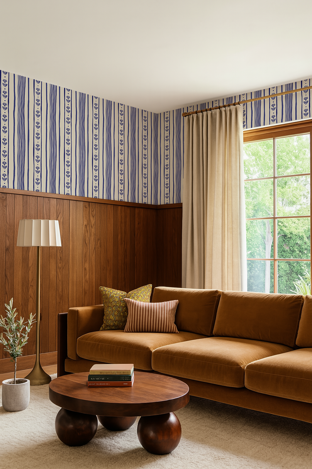 Daisy Chain Stripe Wallpaper, beige and blue-5