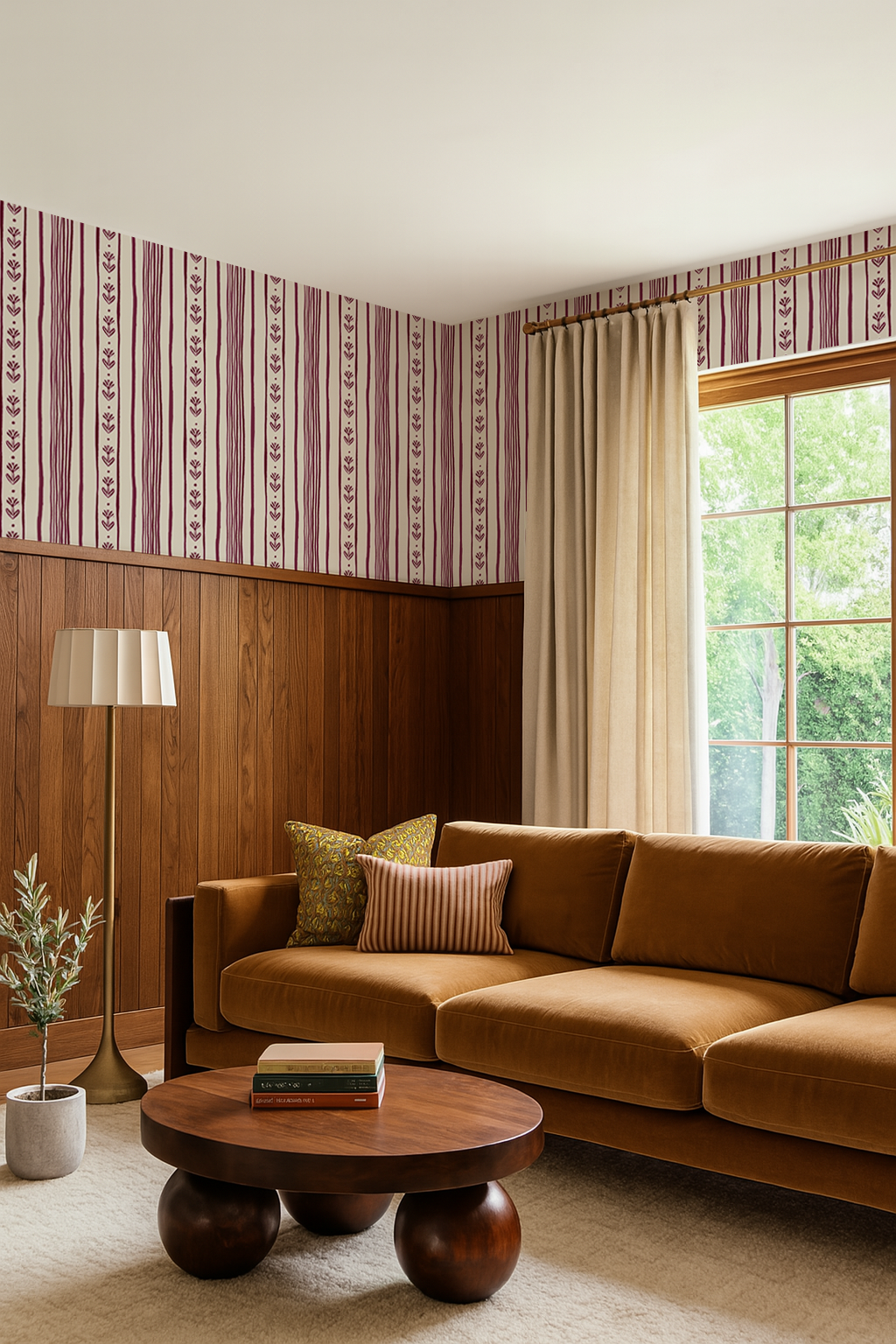 Daisy Chain Stripe Wallpaper, beige and eggplant purple-4