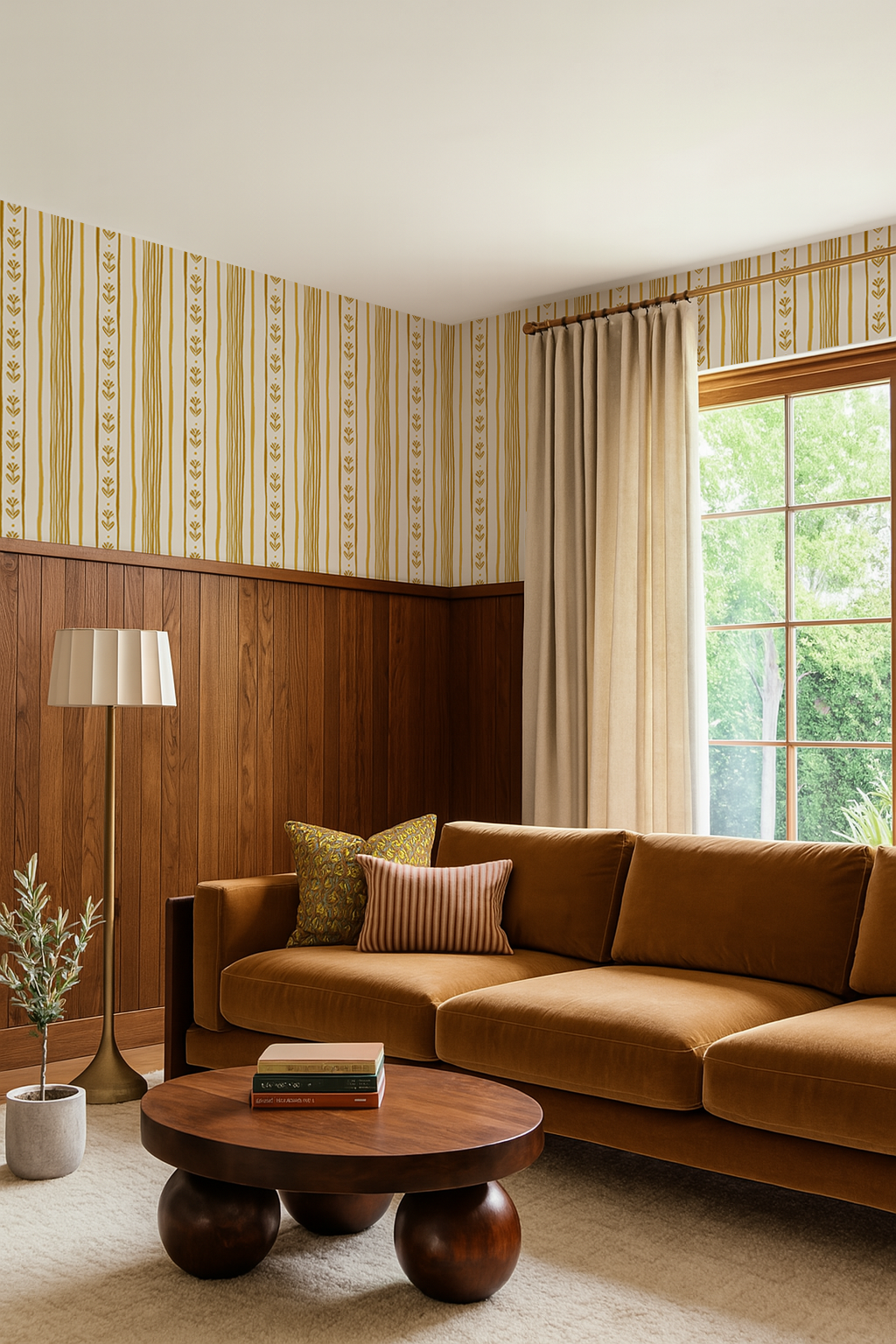 Daisy Chain Stripe Wallpaper, beige and yellow-3