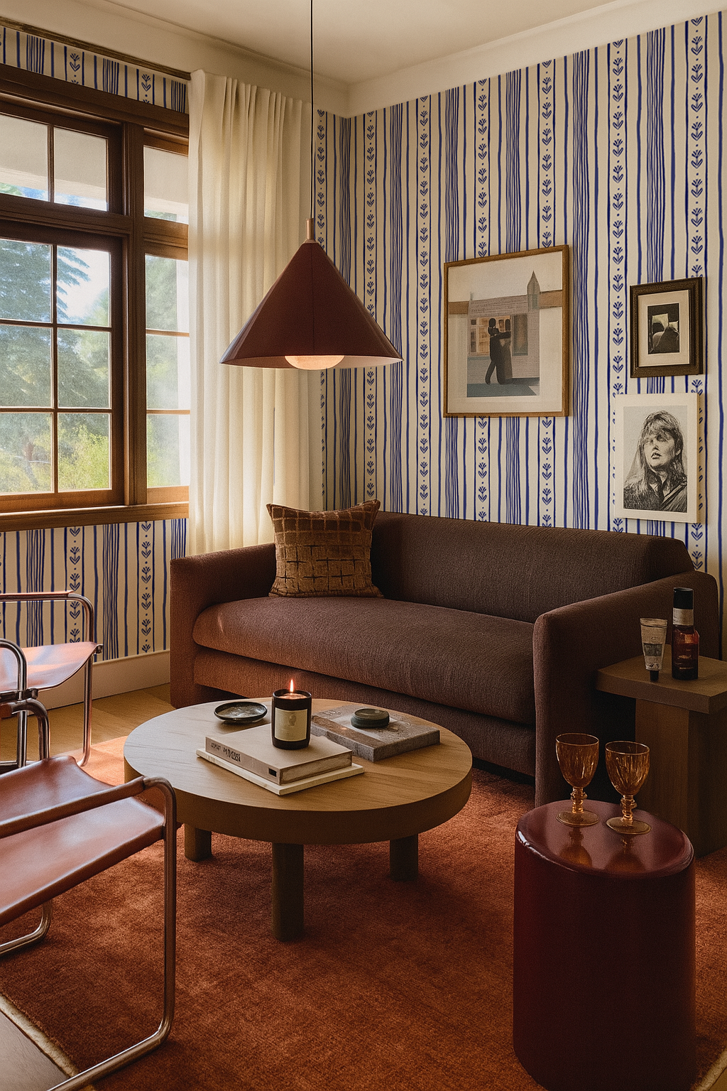 Daisy Chain Stripe Wallpaper, beige and blue-3