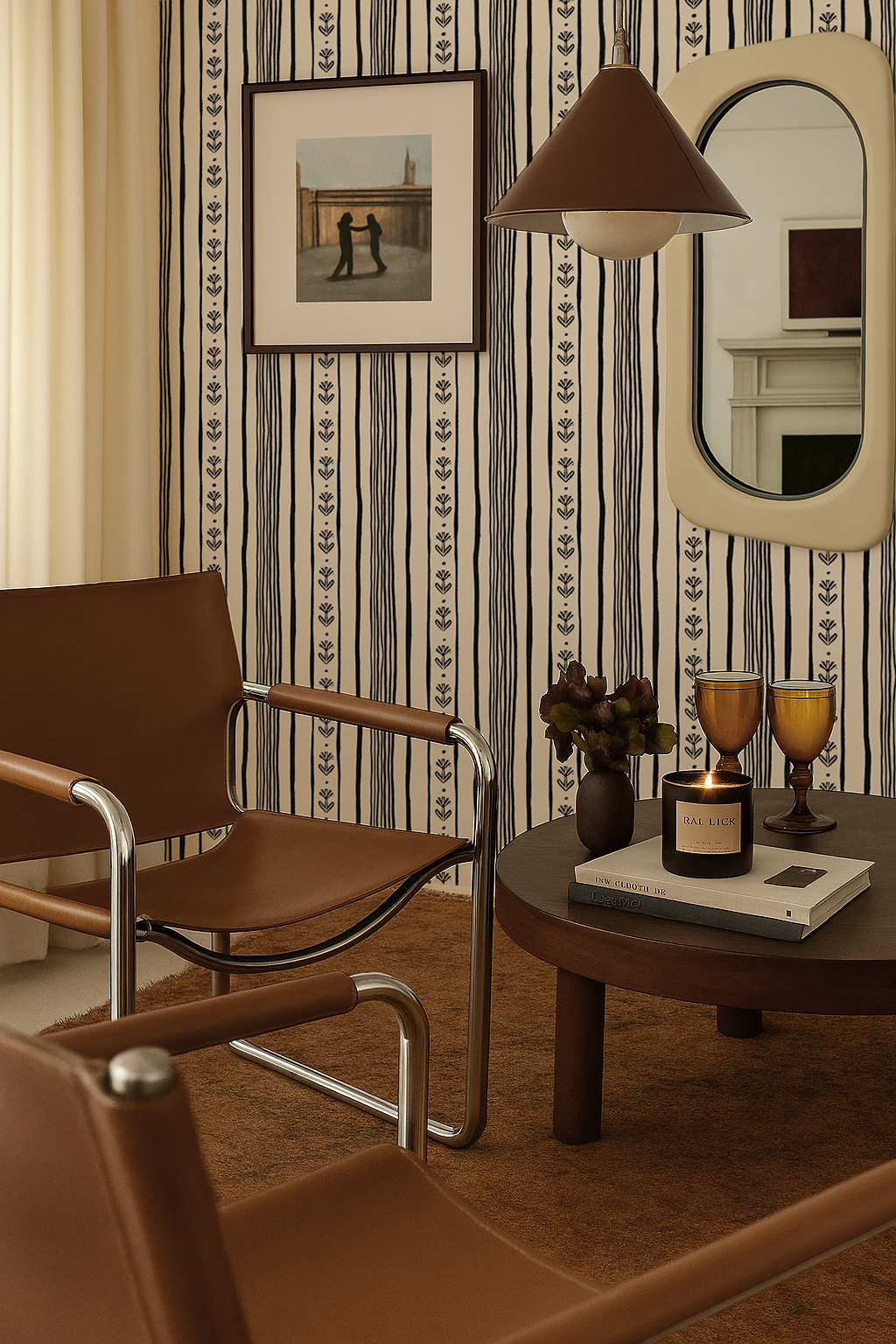 Daisy Chain Stripe Wallpaper, beige and black-3