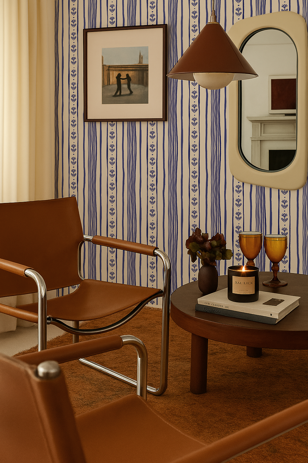 Daisy Chain Stripe Wallpaper, beige and blue-4
