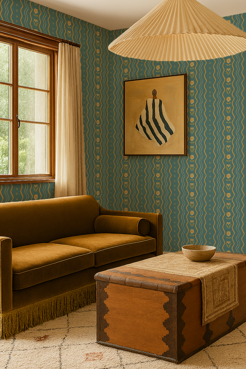 Posy Lane Stripe Wallpaper, blue and yellow-3