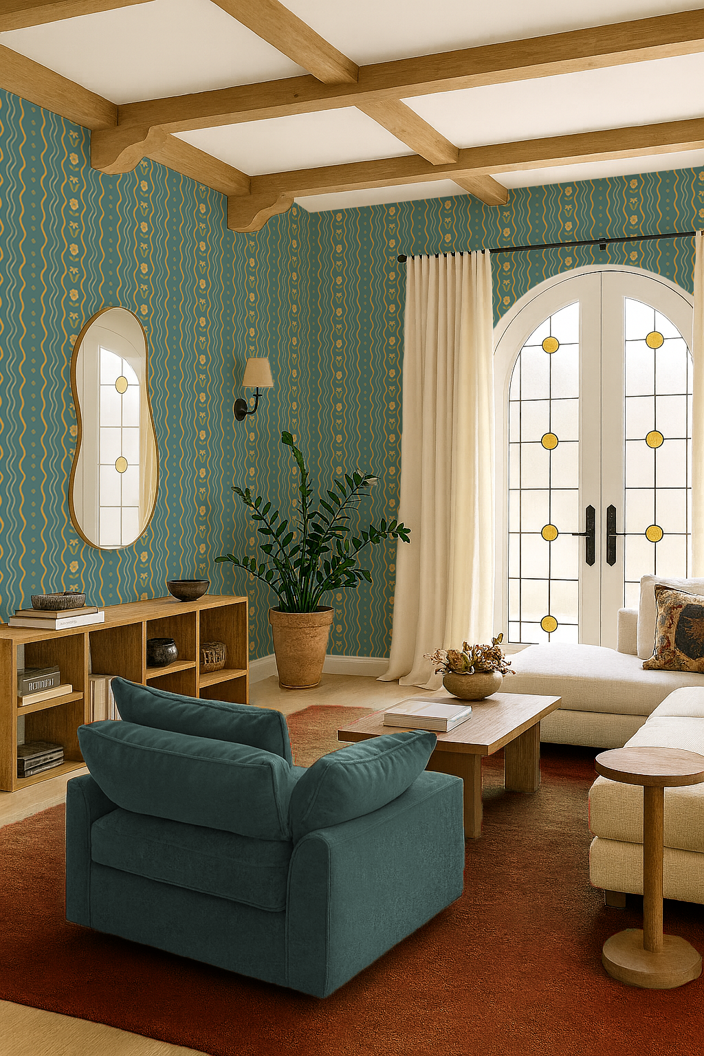 Posy Lane Stripe Wallpaper, blue and yellow-5