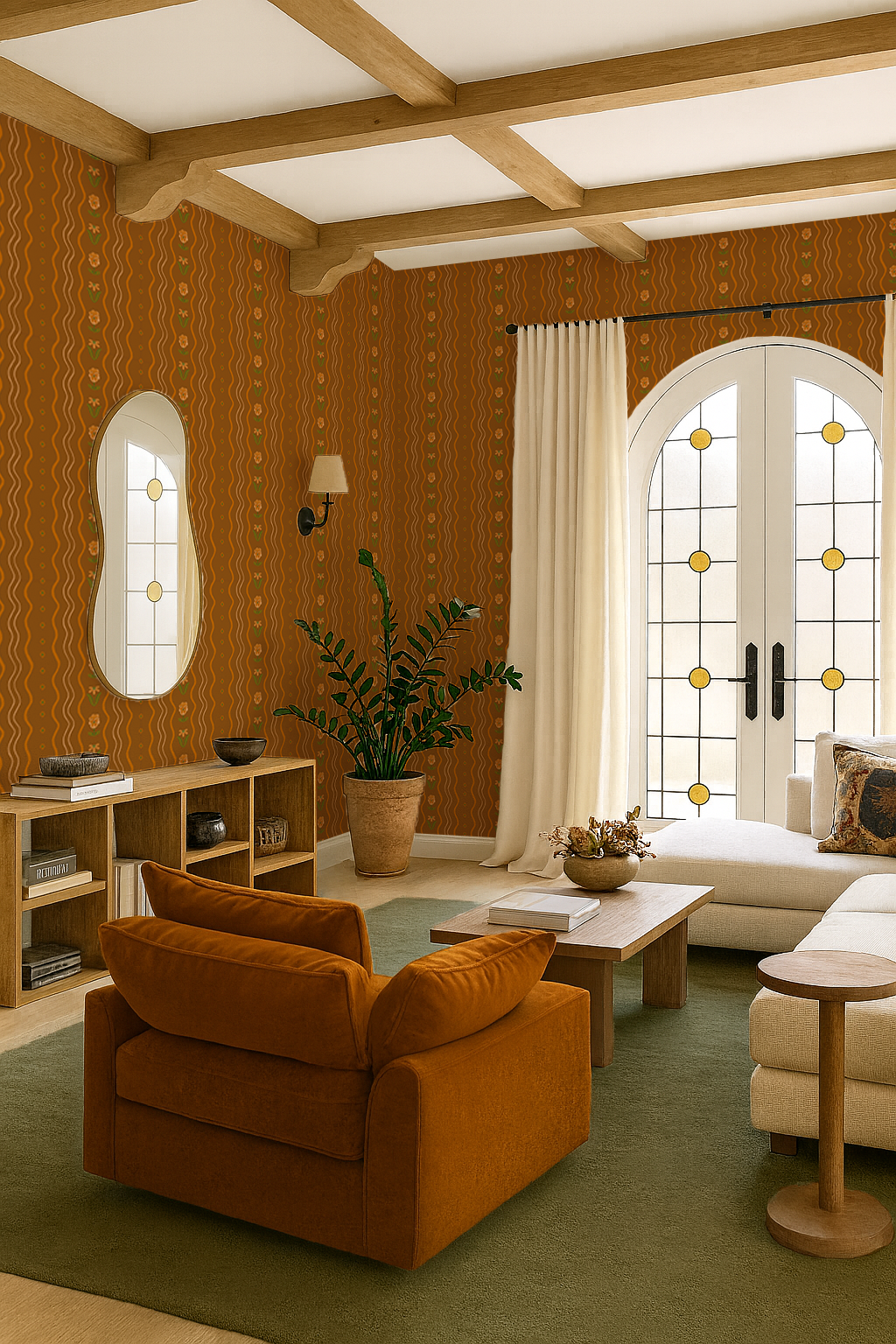 Posy Lane Stripe Wallpaper, golden brown and orange-3